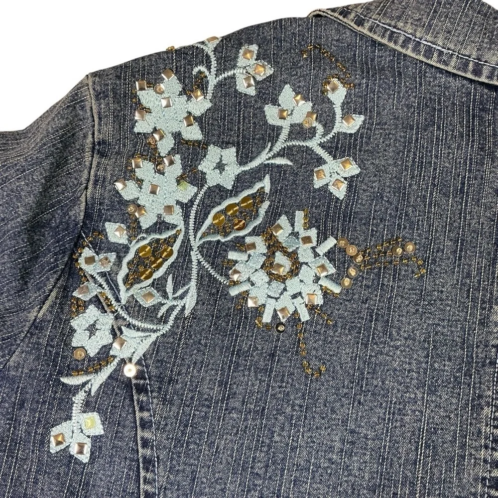 Denim 24/7 Blue Jean Jacket Blazer Long Sleeve with Embroidered Floral Design - Picture 13 of 16